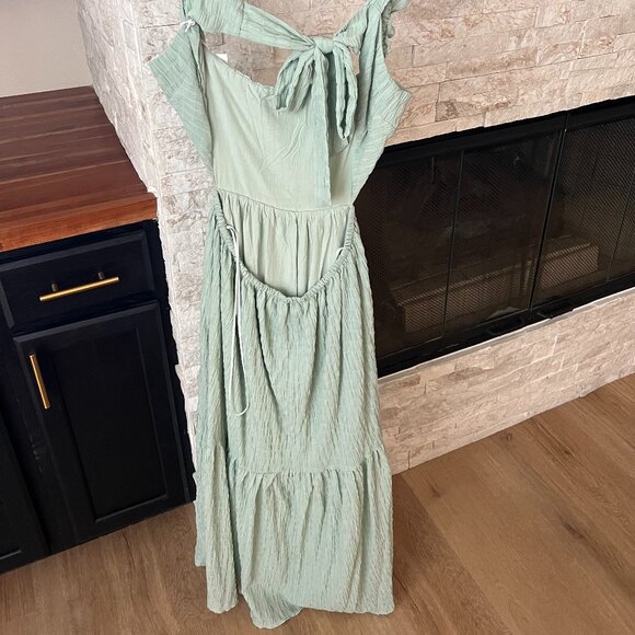 Lulus Mint Smocked Tie-Back Tiered Midi Dress, NWT - Picture 3 of 4